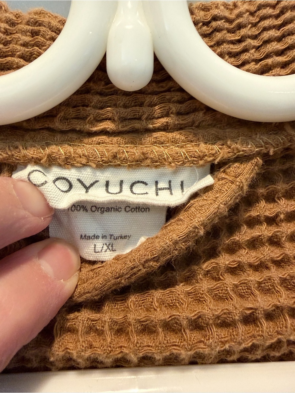 Coyuchi Unisex Organic Waffle Robe - Camel L/XL - Picture 5 of 6